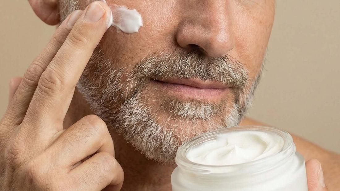 Hombre aplicando crema facial con rutina básica de skincare y activos dermatológicos