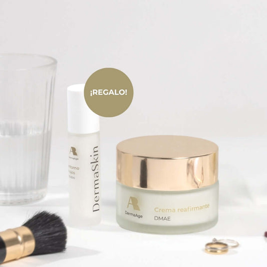 Productos del Dúo Antiedad: Crema reafirmante DMAE y suero DermaSkin para piel más firme.
