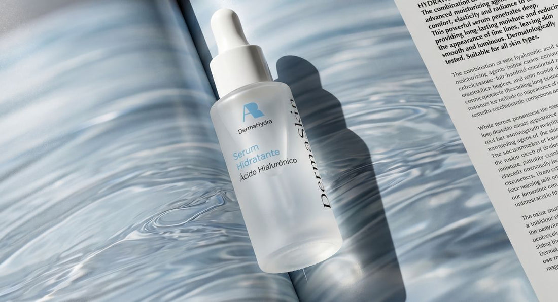 Sérum Hidratante con ácido hialurónico de DermaSkin sobre un libro abierto con reflejos de agua, representando la hidratación de la piel en verano.