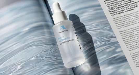 Sérum Hidratante con ácido hialurónico de DermaSkin sobre un libro abierto con reflejos de agua, representando la hidratación de la piel en verano.